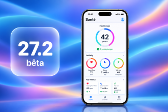 iPhone 18 Pro affichant la nouvelle app Santé d'iOS 27.2 bêta avec l'indicateur Health Age, carré glassmorphism 27.2 bêta sur fond de vagues colorées iOS