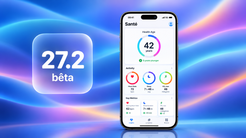iPhone 18 Pro affichant la nouvelle app Santé d'iOS 27.2 bêta avec l'indicateur Health Age, carré glassmorphism 27.2 bêta sur fond de vagues colorées iOS