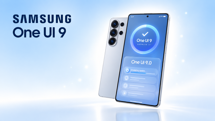 Samsung Galaxy S26 Ultra avec l'écran de mise à jour One UI 9.0 sous Android 17, visuel concept