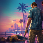 GTA 6, concept éditorial : Jason devant la skyline de Vice City au coucher du soleil avec une icône de diable fissurée, la jauge de moralité « shatter » qui rend le personnage irrécupérable