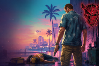 GTA 6, concept éditorial : Jason devant la skyline de Vice City au coucher du soleil avec une icône de diable fissurée, la jauge de moralité « shatter » qui rend le personnage irrécupérable