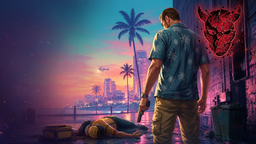 GTA 6, concept éditorial : Jason devant la skyline de Vice City au coucher du soleil avec une icône de diable fissurée, la jauge de moralité « shatter » qui rend le personnage irrécupérable