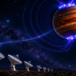 Concept illustrant la détection directe d'ondes radio émises par l'aurore de l'exoplanète Beta Pictoris b captées par le radiotélescope MeerKAT
