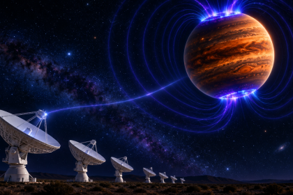 Concept illustrant la détection directe d'ondes radio émises par l'aurore de l'exoplanète Beta Pictoris b captées par le radiotélescope MeerKAT