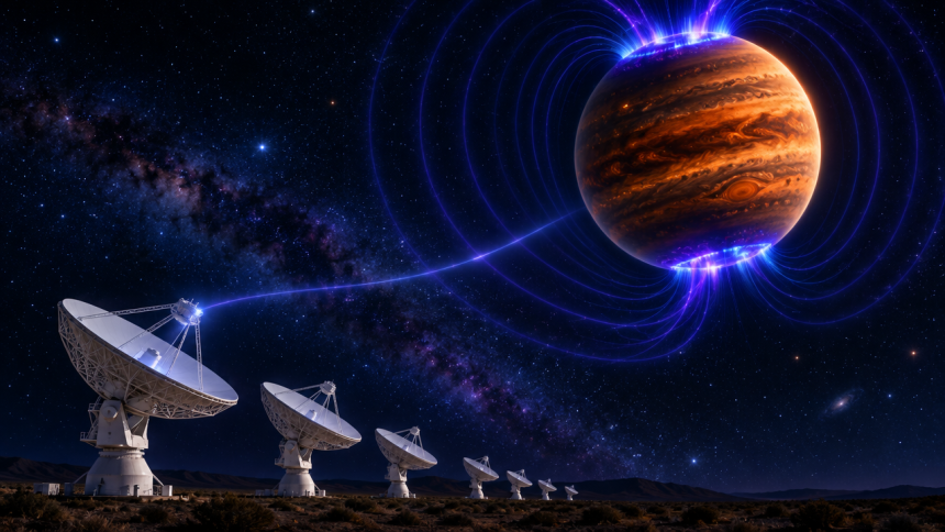 Concept illustrant la détection directe d'ondes radio émises par l'aurore de l'exoplanète Beta Pictoris b captées par le radiotélescope MeerKAT