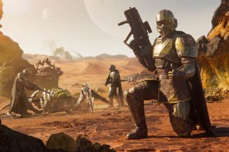 Soldat Helldiver en armure jaune et cape officiel Helldivers 2