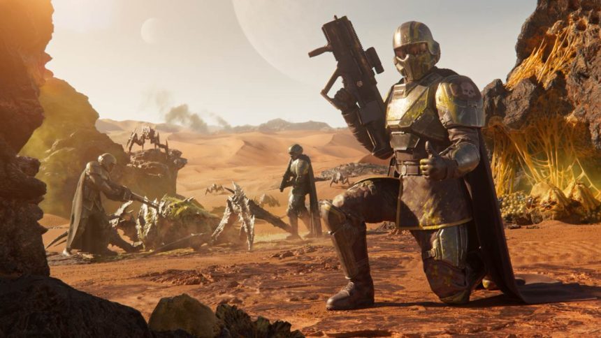 Soldat Helldiver en armure jaune et cape officiel Helldivers 2