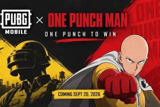 Key art officiel de la collaboration PUBG Mobile x One Punch Man avec Saitama face à un combattant PUBG sur Erangel