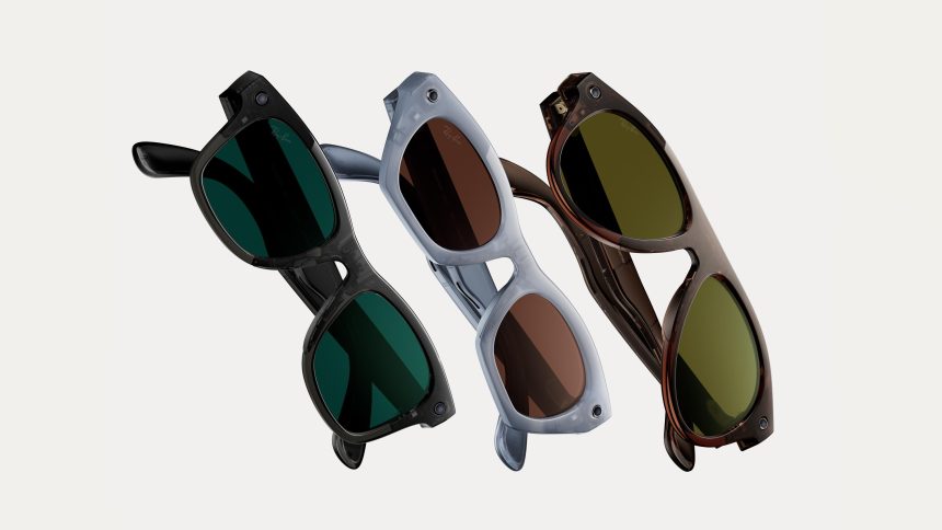 Trois paires de lunettes connectées Ray-Ban Meta Gen 3 avec caméra intégrée, key art officiel du lancement au Meta Connect 2026