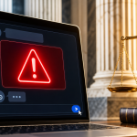Concept : interface de chat IA bien éclairée montrant une alerte rouge de sécurité, balance de la justice dorée et colonnes de tribunal en arrière-plan — 30 nouvelles poursuites contre OpenAI après la fusillade de Tumbler Ridge