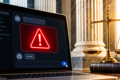 Concept : interface de chat IA bien éclairée montrant une alerte rouge de sécurité, balance de la justice dorée et colonnes de tribunal en arrière-plan — 30 nouvelles poursuites contre OpenAI après la fusillade de Tumbler Ridge