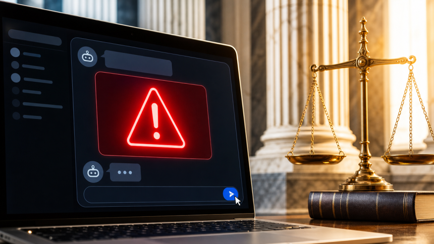Concept : interface de chat IA bien éclairée montrant une alerte rouge de sécurité, balance de la justice dorée et colonnes de tribunal en arrière-plan — 30 nouvelles poursuites contre OpenAI après la fusillade de Tumbler Ridge
