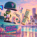 GTA 6, concept éditorial : coffret collector The Goodtime State Vice City Collection à 400 dollars sans le jeu, accessoires Rockstar (lunettes Oakley, casquette Vice City, figurine alligator, porte-clés lame de rasoir) devant la skyline pastel de Vice City au coucher du soleil, rendu peint style Rockstar