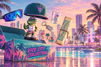 GTA 6, concept éditorial : coffret collector The Goodtime State Vice City Collection à 400 dollars sans le jeu, accessoires Rockstar (lunettes Oakley, casquette Vice City, figurine alligator, porte-clés lame de rasoir) devant la skyline pastel de Vice City au coucher du soleil, rendu peint style Rockstar
