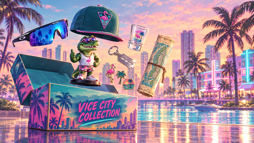GTA 6, concept éditorial : coffret collector The Goodtime State Vice City Collection à 400 dollars sans le jeu, accessoires Rockstar (lunettes Oakley, casquette Vice City, figurine alligator, porte-clés lame de rasoir) devant la skyline pastel de Vice City au coucher du soleil, rendu peint style Rockstar