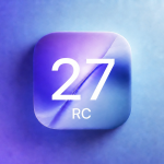 Concept iOS 27 RC : grand carré glassmorphism centré avec le chiffre « 27 » et « RC » en dessous, sur fond dégradé indigo à cyan