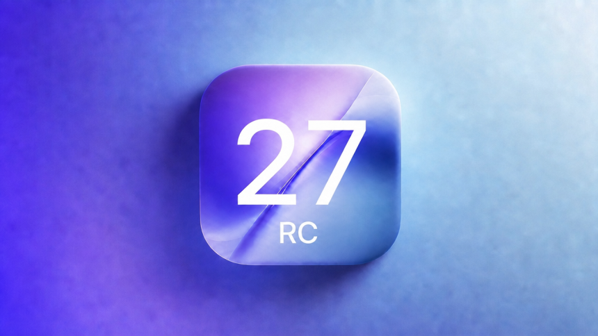 Concept iOS 27 RC : grand carré glassmorphism centré avec le chiffre « 27 » et « RC » en dessous, sur fond dégradé indigo à cyan