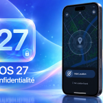 Concept iOS 27 : fonction Hide Location qui masque discrètement le partage de position, iPhone affichant Find My avec No Location Found, carré glassmorphism iOS 27 centré
