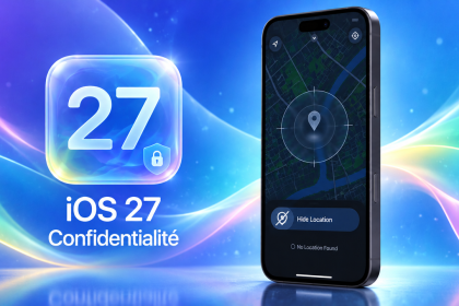 Concept iOS 27 : fonction Hide Location qui masque discrètement le partage de position, iPhone affichant Find My avec No Location Found, carré glassmorphism iOS 27 centré