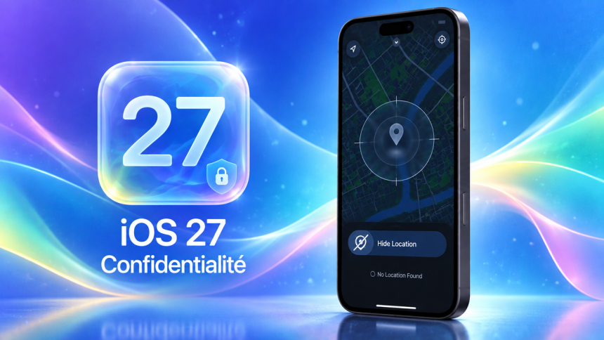 Concept iOS 27 : fonction Hide Location qui masque discrètement le partage de position, iPhone affichant Find My avec No Location Found, carré glassmorphism iOS 27 centré