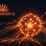 Concept Anthropic : noyau neural orange (nouveau modèle IA) + courbe de croissance boursière et chandeliers, à la veille de son IPO