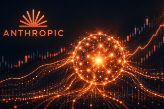 Concept Anthropic : noyau neural orange (nouveau modèle IA) + courbe de croissance boursière et chandeliers, à la veille de son IPO