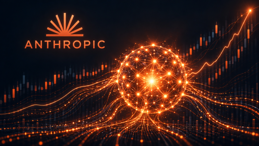 Concept Anthropic : noyau neural orange (nouveau modèle IA) + courbe de croissance boursière et chandeliers, à la veille de son IPO