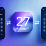 Concept iOS 27 Handoff : carré glassmorphism avec 27 et deux iPhone partageant le même numéro