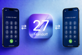 Concept iOS 27 Handoff : carré glassmorphism avec 27 et deux iPhone partageant le même numéro