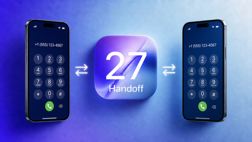 Concept iOS 27 Handoff : carré glassmorphism avec 27 et deux iPhone partageant le même numéro