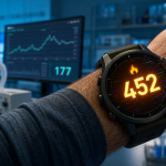 Montre connectée Garmin affichant des calories brûlées, avec en fond un laboratoire d'analyse métabolique — étude FIU sur l'imprécision des estimations de dépense énergétique