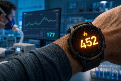 Montre connectée Garmin affichant des calories brûlées, avec en fond un laboratoire d'analyse métabolique — étude FIU sur l'imprécision des estimations de dépense énergétique