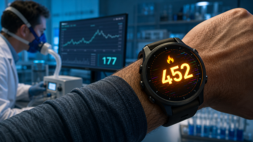 Montre connectée Garmin affichant des calories brûlées, avec en fond un laboratoire d'analyse métabolique — étude FIU sur l'imprécision des estimations de dépense énergétique