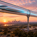 Concept : capsule Hyperloop en lévitation dans un tube sur pylônes au-dessus du paysage texan à l'aube, skyline d'Austin, tunnelier en chantier — le tunnel Austin-San Antonio annoncé par Elon Musk et The Boring Company