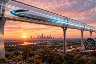 Concept : capsule Hyperloop en lévitation dans un tube sur pylônes au-dessus du paysage texan à l'aube, skyline d'Austin, tunnelier en chantier — le tunnel Austin-San Antonio annoncé par Elon Musk et The Boring Company
