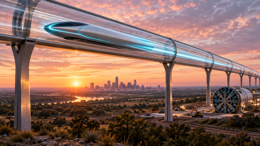 Concept : capsule Hyperloop en lévitation dans un tube sur pylônes au-dessus du paysage texan à l'aube, skyline d'Austin, tunnelier en chantier — le tunnel Austin-San Antonio annoncé par Elon Musk et The Boring Company