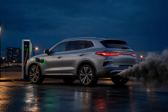 Concept visuel d'un SUV hybride rechargeable branché à une borne de recharge émettrice d'un épais nuage de fumée, illustrant l'écart entre les émissions réelles et celles des tests officiels