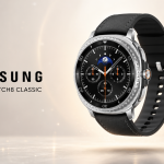 Samsung Galaxy Watch8 Classic en lévitation sur fond clair, mise en valeur premium sans badge promo