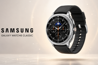 Samsung Galaxy Watch8 Classic en lévitation sur fond clair, mise en valeur premium sans badge promo