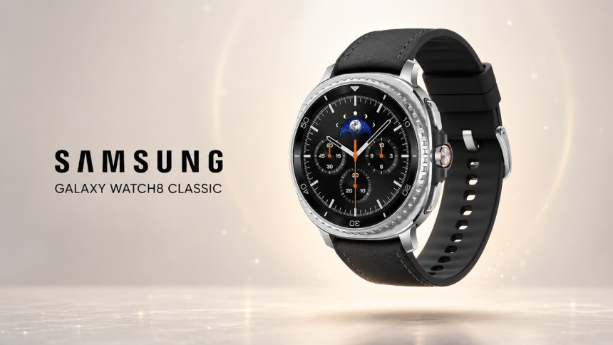 Samsung Galaxy Watch8 Classic en lévitation sur fond clair, mise en valeur premium sans badge promo