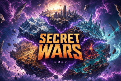Concept art clé d'Avengers: Secret Wars montrant le monde patchwork Battleworld assemblé à partir de réalités fragmentées dans le multivers
