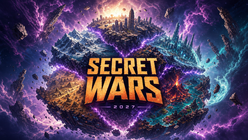 Concept art clé d'Avengers: Secret Wars montrant le monde patchwork Battleworld assemblé à partir de réalités fragmentées dans le multivers