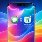 Concept iOS 27 : deux fonctions Apple Intelligence reportées (Suggestions in Messages + correction auto des mots de passe), icônes Messages et Passwords avec badges sablier sur fond de vagues colorées iOS