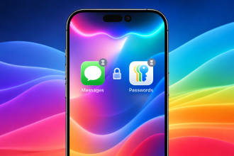 Concept iOS 27 : deux fonctions Apple Intelligence reportées (Suggestions in Messages + correction auto des mots de passe), icônes Messages et Passwords avec badges sablier sur fond de vagues colorées iOS