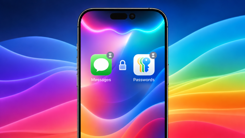 Concept iOS 27 : deux fonctions Apple Intelligence reportées (Suggestions in Messages + correction auto des mots de passe), icônes Messages et Passwords avec badges sablier sur fond de vagues colorées iOS