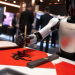 Robot humanoïde AgiBot A3 écrivant de la calligraphie au pinceau sur papier rouge à l'IFA Berlin 2026, plan rapproché net