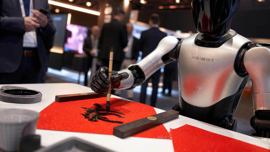 Robot humanoïde AgiBot A3 écrivant de la calligraphie au pinceau sur papier rouge à l'IFA Berlin 2026, plan rapproché net