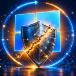 Concept Windows 11 : logo officiel et bouclier de sécurité fissuré sous halo ambré, illustrant les correctifs OOB d'urgence KB5129195 après le Patch Tuesday de septembre cassé