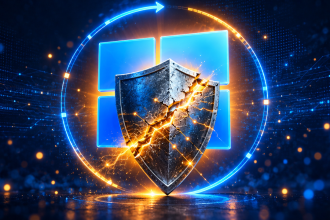 Concept Windows 11 : logo officiel et bouclier de sécurité fissuré sous halo ambré, illustrant les correctifs OOB d'urgence KB5129195 après le Patch Tuesday de septembre cassé