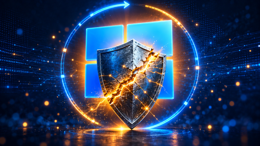 Concept Windows 11 : logo officiel et bouclier de sécurité fissuré sous halo ambré, illustrant les correctifs OOB d'urgence KB5129195 après le Patch Tuesday de septembre cassé